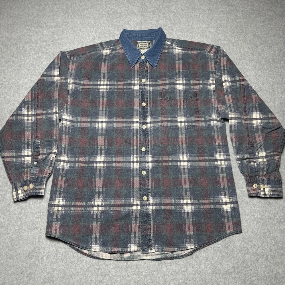 Vintage 80s‎ Rhinoceros Button Up Plaid Flannel Men Large Grandpacore Denim Fade
